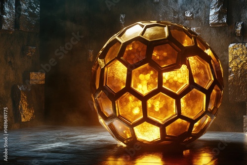 Golden, Honeycomb Sphere in Dark Studio