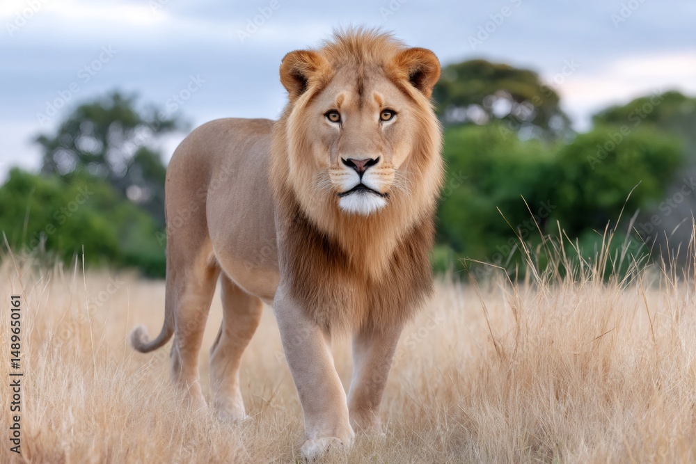 Obraz premium Majestic lion walking in the african savanna during sunset