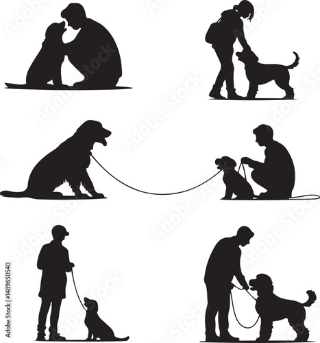 Vector Illustration of Dog Owners and Families with Pets in Silhouette Style


