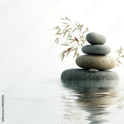 Stacked stones with bamboo in water reflection