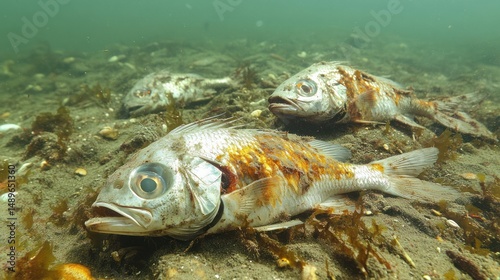 Several dead fish lie on the bottom of a murky waterway.  Decaying fish,  watery,  sea floor,  pollution,  environmental,  marine life,  dying,  ecosystem,  decomposed,  deadly,  habitat,  polluted.