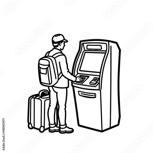 Traveler using ATM in airport, financial convenience