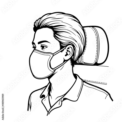 Passenger wearing face mask in airplane, health awareness