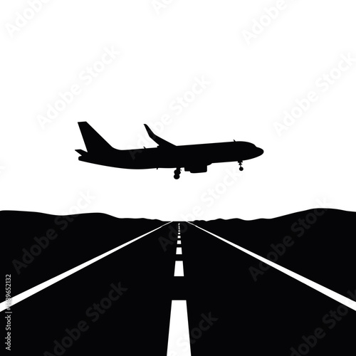 Airplane landing silhouette on runway, black and white design