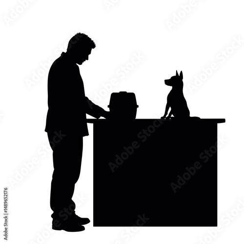 Silhouette of person checking in pet at counter, travel preparation