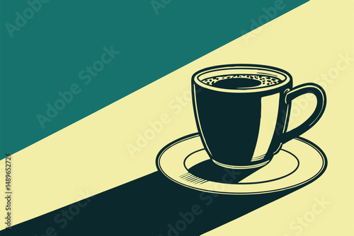 21 black ceramic coffee mug with saucer, vibrant teal green and yellow background, still life, high contrast, dramatic lighting, minimalist, moody