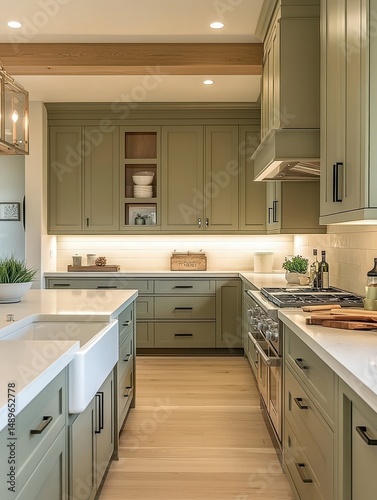 A modern kitchen interior shows a beautiful olive green design