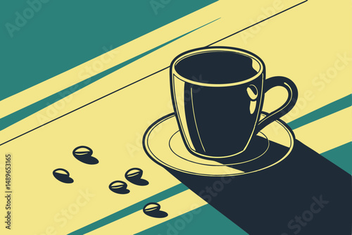 21 black ceramic coffee mug with saucer, vibrant teal green and yellow background, still life, high contrast, dramatic lighting, minimalist, moody