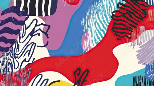 Abstract art print featuring vibrant colors, organic shapes, and textured lines in a dynamic composition