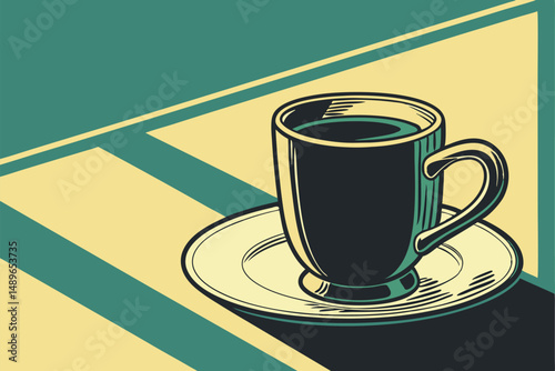 21 black ceramic coffee mug with saucer, vibrant teal green and yellow background, still life, high contrast, dramatic lighting, minimalist, moody