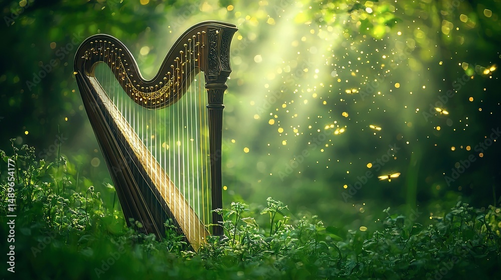 custom made wallpaper toronto digitalAncient harp bathed in ethereal forest light.