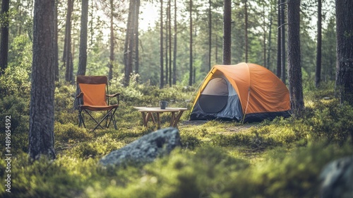 Sunrise Camping Scene Tent, Chair, Table in Forest
