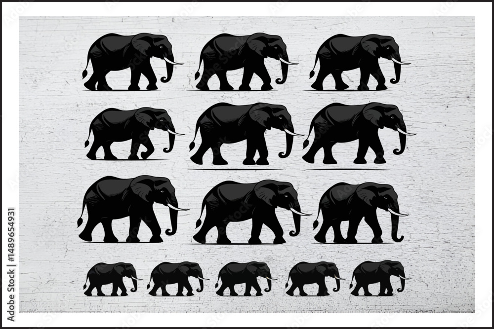 Naklejka premium Shadow Herd: Artistic Elephants, Vector Elephants Collection, Elephant Evolution: From Small to Giant, Bold Elephants: A Graphic Journey 