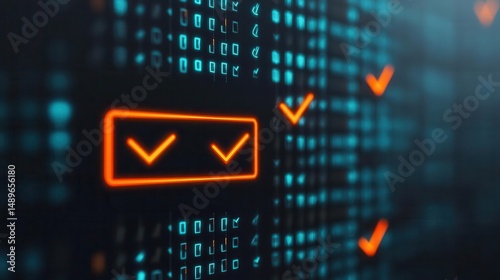 Confirmation email digital checkmarks and glowing inbox interface, success message