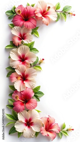 Elegant floral border arrangement of hibiscus flowers with green leaves on white