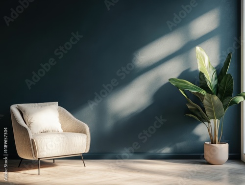 A minimalist interior showcasing an armchair and a potted plant