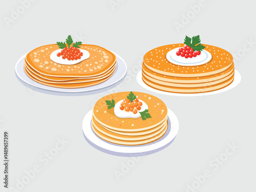 vector illustration of a russian food Blini (Thin Pancakes Similar to Crepes, Often Served with Caviar, Sour Cream, or Jam)