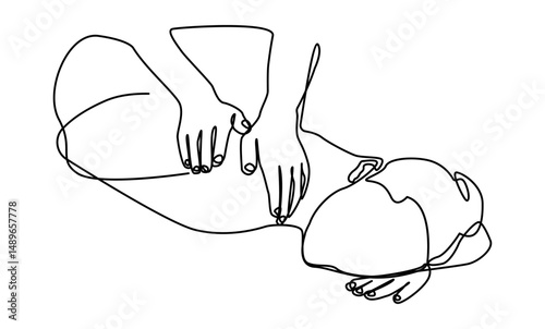 Minimalist continuous line drawing of a massage therapist performing a back massage on a lying client. Ideal for spa, fitness, etc. concept designs.