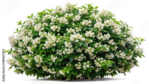 Profuse Mock Orange Bush with White Flowers Blooming Beautifully on a White Background photo