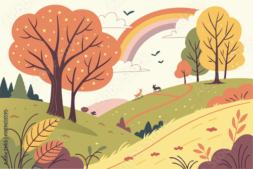 23 colorful,whimsical,landscape,stylized houses,vibrant colors,abstract trees,floral elements,path,digital art,illustration style