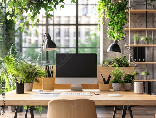 The workstation depicts a well lit desk with lush greenery