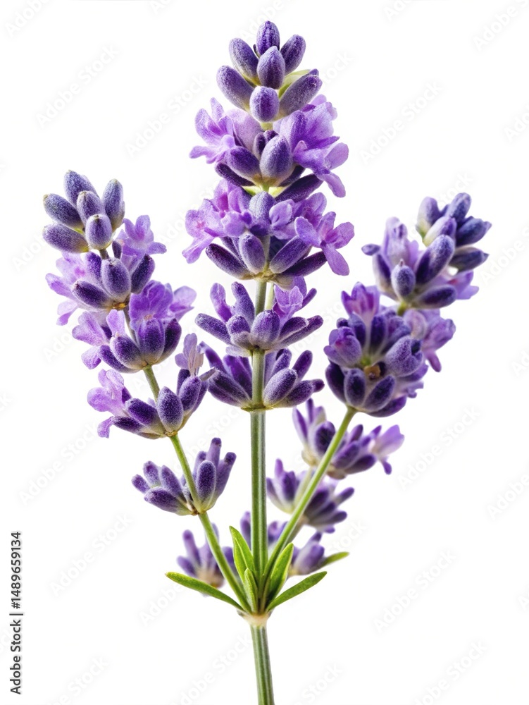 Obraz premium Close up of beautiful lavender flower blossoms on white background, macro shot