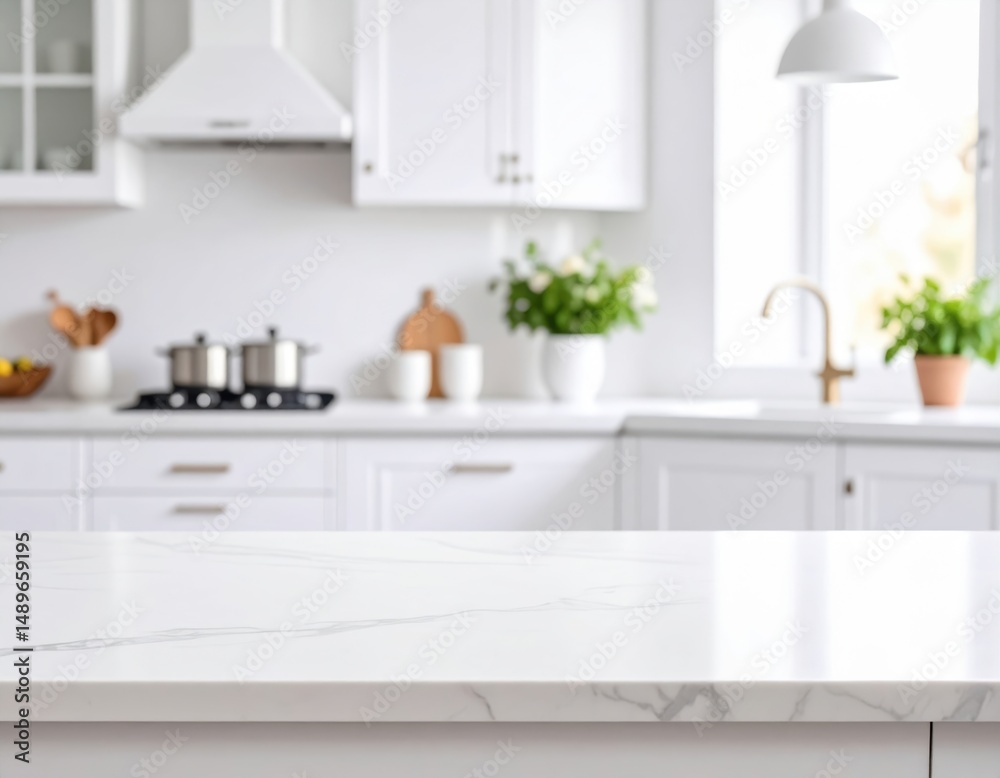 Fototapeta premium countertop with blurred home kitchen background in white