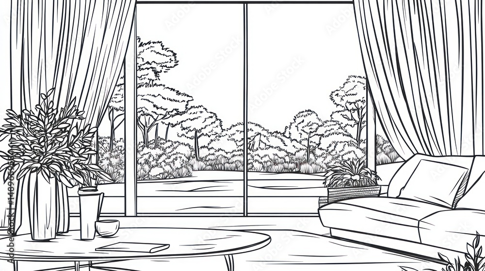 Fototapeta premium Modern living room overlooking lush garden; interior design illustration