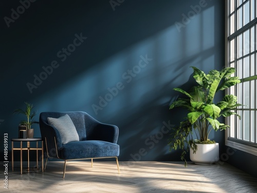 A blue velvet chair and potted plants in a room