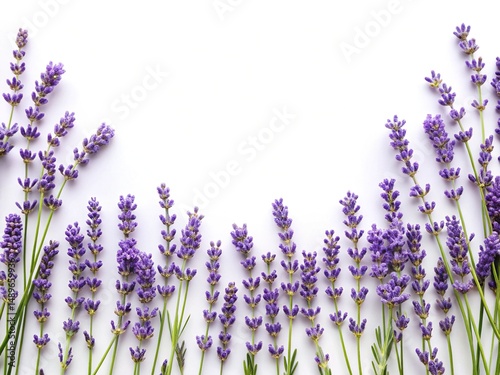 A beautiful frame of lavender flowers on a white background perfect for invitations