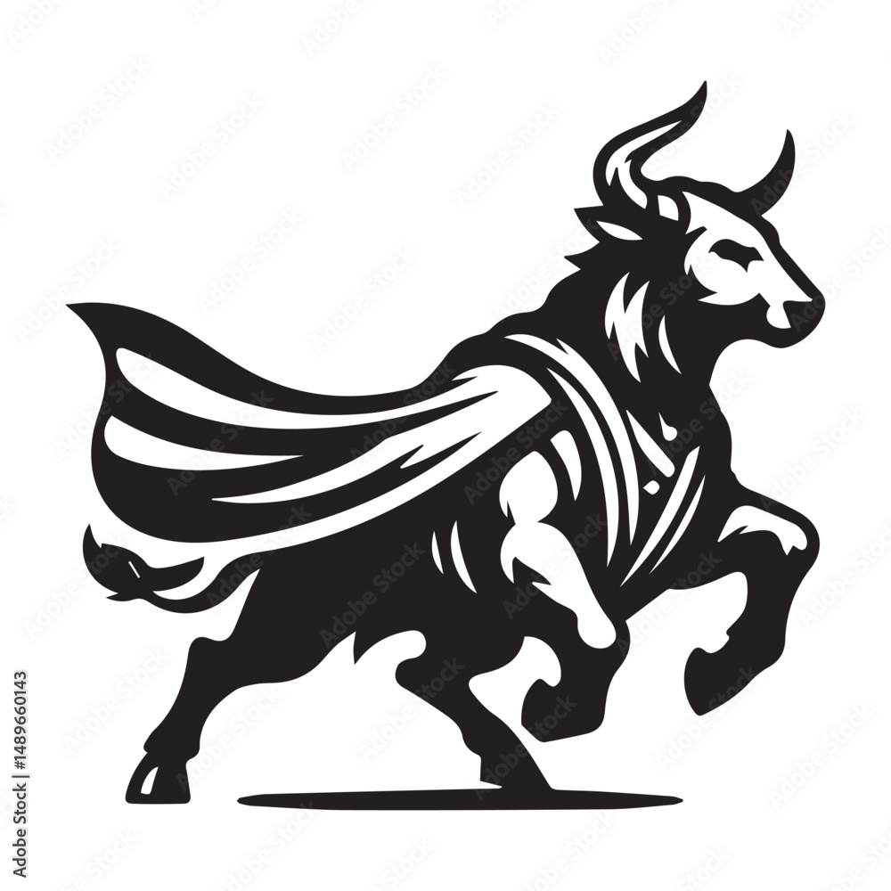 Fototapeta premium Dynamic Bull Logo in Motion – Caped Animal Symbol Vector Illustration