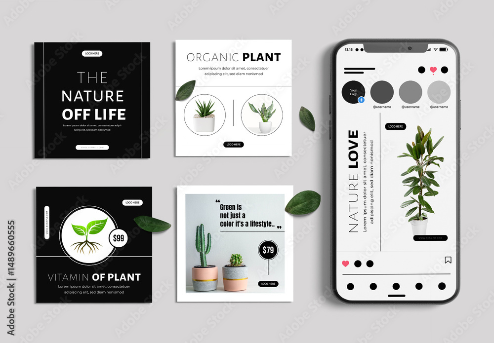 Plant Social Media Post Template Organic Garden and Nature Lover Stock ...