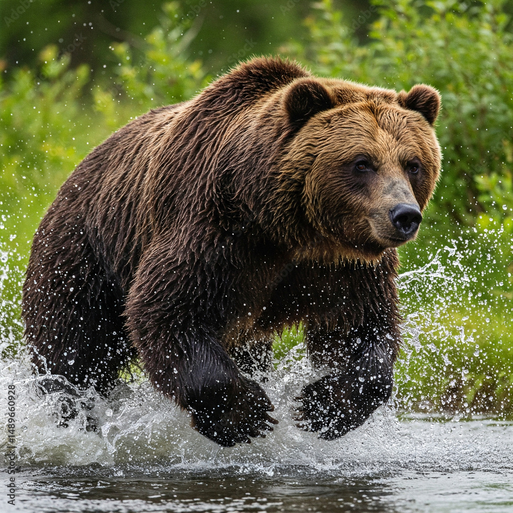 A brown bear running through water with splashes of water flying into the air A brown bear running through water with splashes of water flying into the air