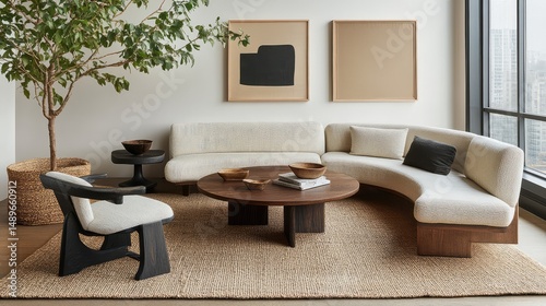 Mid-century modern inspired sofa in earth tones centered on neutral background