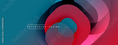 Abstract fluid shapes overlap, creating vibrant color gradients. Modern design elements suggest motion, energy, dynamism. Teal background complements red, purple hues.