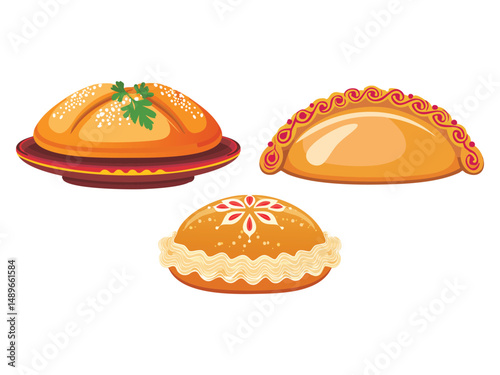 vector illustration of a russian food Pirozhki (Small Baked or Fried Buns Filled with Meat, Cabbage, Potatoes, or Jam)
