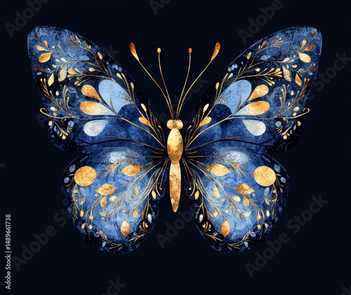 Elegant Blue Butterfly with Gold Floral Accents on Dark Background