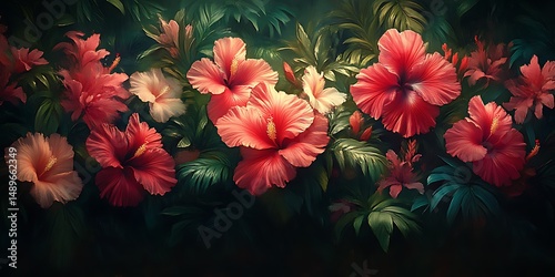 Lush hibiscus flowers in vibrant, tropical setting.