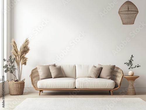 Modern bohemian living room setup with furniture and decor