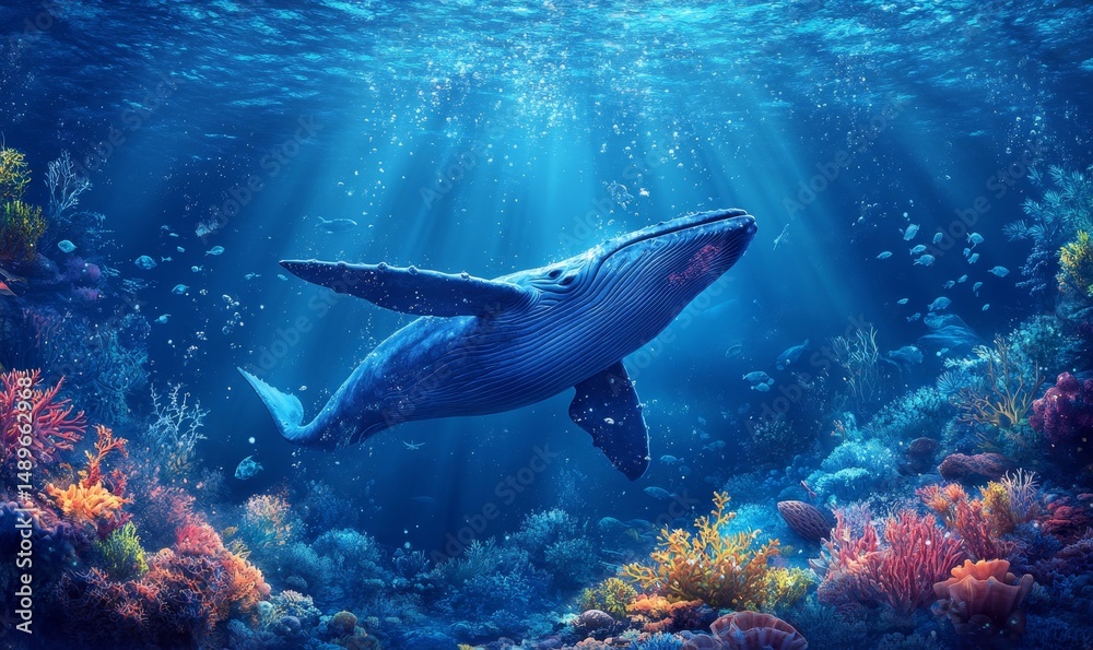 Obraz premium A deep-sea view with a majestic blue whale swimming in the midst