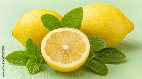 Fresh Lemons with Mint Leaves on Light Green Wooden Background