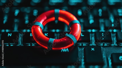 Red Lifebuoy on Computer Keyboard Symbolizing Online Safety and Security