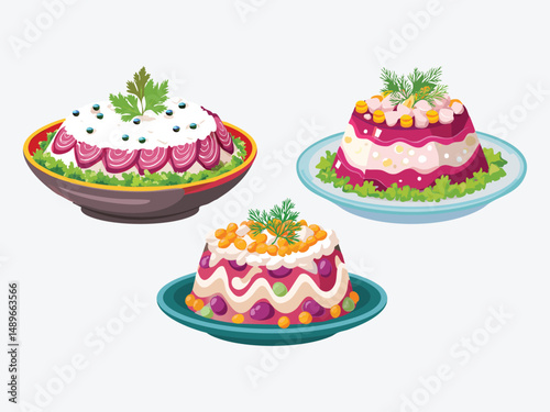 vector illustration of a russian food Selyodka Pod Shuboy (Herring Under a Fur Coat Salad)