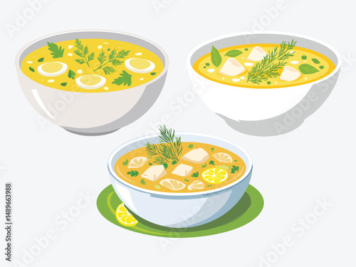 vector illustration of a russian food Ukha (Traditional Russian Fish Soup with Herbs)