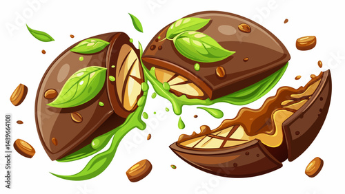  Very beautiful chocolate broken into two halves in the air on a white  background. Dubai chocolate is made with pistachio paste and kadayif  white background