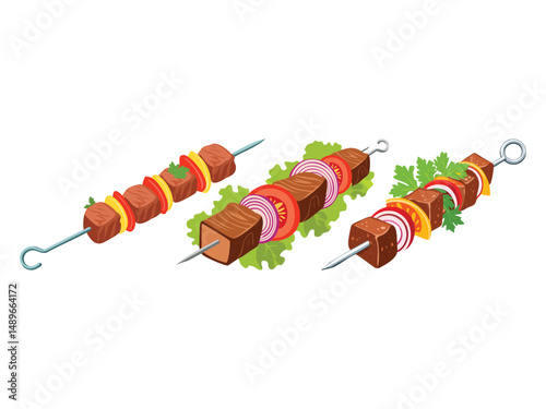 vector illustration of a russian food Shashlik (Skewered and Grilled Marinated Meat)