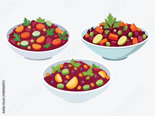 vector illustration of a russian food Vinaigrette (Beet Salad with Pickles, Carrots, Potatoes, and Peas)
