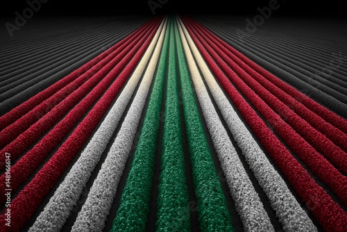 A dramatic cinematic flyover of a tricolor flag field in the wind