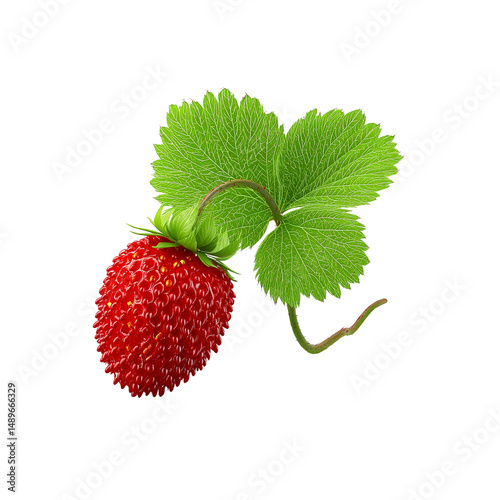 Juicy Wild Strawberry with Green Leaves on white background