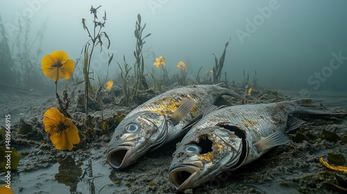 Two dead fish lie amidst underwater yellow flowers and murky sediment.  Their bodies show signs of decay